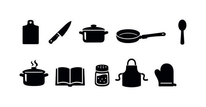 Cooking and kitchen silhouette icon set. Utensils, cookware, baking tools silhouette icons