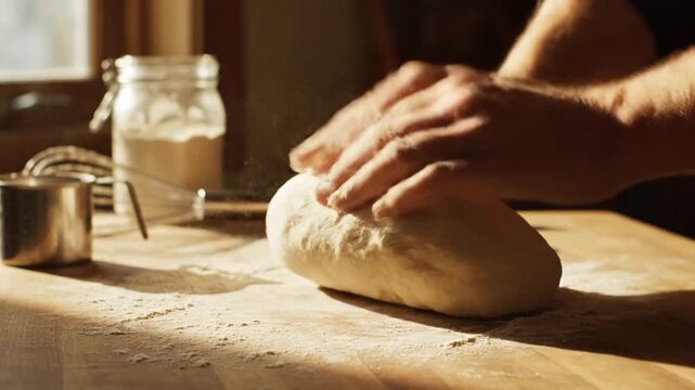 Person's hands kneading bread dough in a sunlit kitchen
