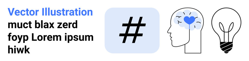 Obraz premium metadata tag symbol in square, human head with heart symbolizing empathy, and lightbulb denoting innovation. Ideal for creativity, social media, motivational themes, mental health, user engagement