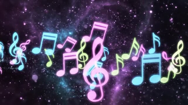 Vibrant glowing musical notes float across a cosmic background