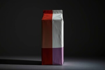 A four-paneled colorful package stands on a dark surface featuring sections of red-brown silver and purple hues against a dimly lit backdrop
