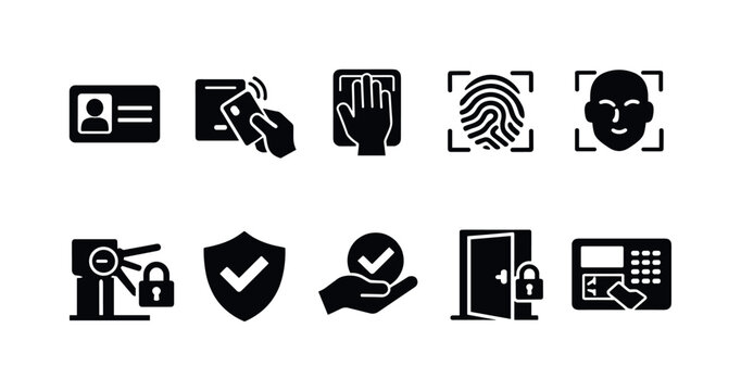 Security and biometrics solid icon set. Authentication, id, access symbols collection