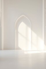 A bright pristine white interior space features a prominent central archway with intricate molding illuminated by soft sunlight casting geometric shadows on the wall and floor