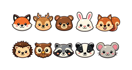 Fototapeta premium Animal cute icon set. Cartoon, animal faces, kawaii, flat style icons for kids