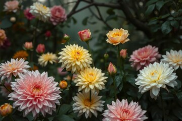 A dense collection of yellow pink and white multi-petaled flowers with several flower buds in a natural leafy setting