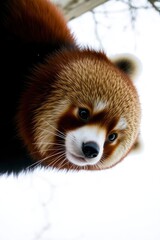 Obraz premium A red pandas face with reddish-brown and white fur dark eyes and prominent whiskers looks down against a bright out-of-focus background with subtle branches