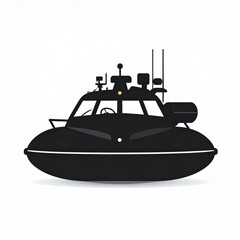 Sleek Black Motorboat With Radar Antennas and Cabin Under Studio Lighting Isolated on White Background