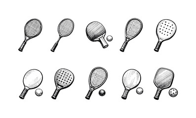 Plakat Rackets and balls outline icon set. Tennis, ping pong, paddle sports icon pack