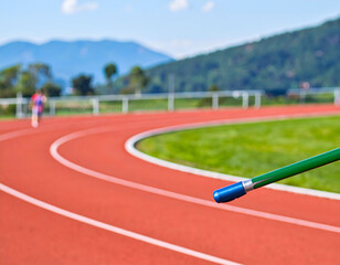 Athlete training on a running track with javelin in focus, captured outdoors in bright sunshine.