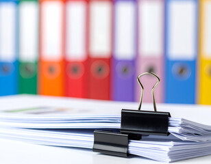 Binder clip holding documents with colorful folders in background for office organization and productivity.