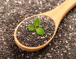 Chia Seeds in Wooden Spoon with Green Sprout for Healthy Eating and Nutrition Concepts