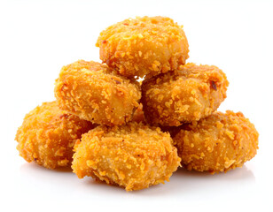 Crispy chicken nuggets stacked in a tasty arrangement ideal for food advertisements and menu displays.