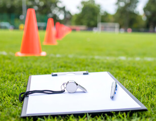 Coaching tools on grass field with orange cones and referee whistle for sports training and events organization.