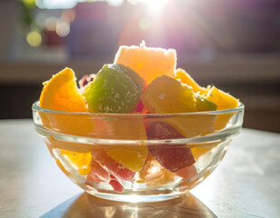 Colorful fruit jelly candies in a clear bowl illuminated by sunlight, ideal for dessert and snack concepts.