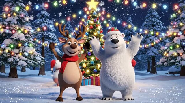 Polar bear and reindeer celebrate Christmas joy