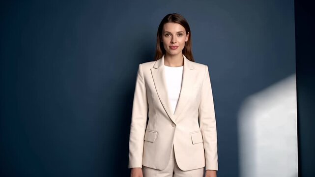 マットな深いブルーの無地背景に立つライトカラーのスーツ姿の女性。
柔らかなスタジオ照明が白いブラウスと輪郭を引き立て、自然な影とコントラストを演出。
落ち着いた視線と穏やかな表情が自信とリーダーシップを表現。