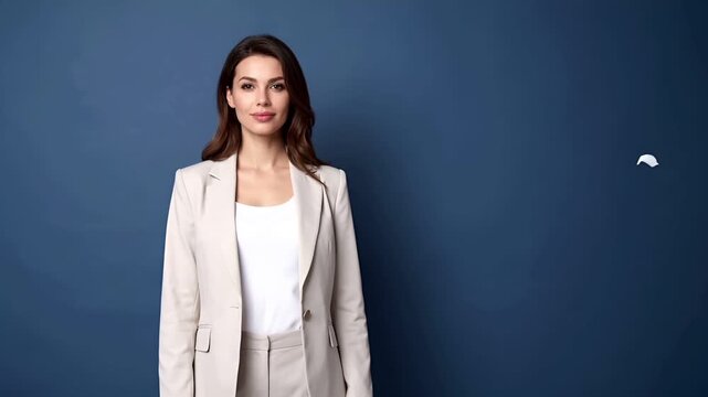 マットな深いブルーの無地背景に立つライトカラーのスーツ姿の女性。
柔らかなスタジオ照明が白いブラウスと輪郭を引き立て、自然な影とコントラストを演出。
落ち着いた視線と穏やかな表情が自信とリーダーシップを表現。