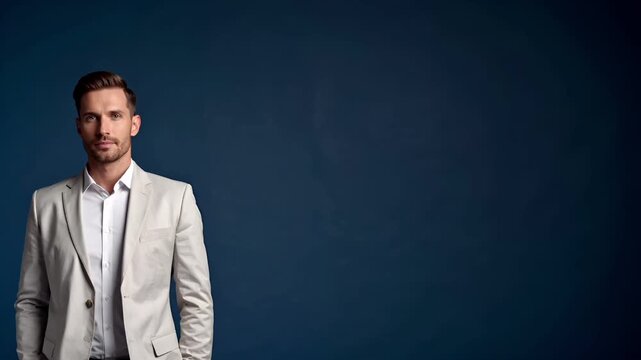 深いマットブルーの無地背景に立つライトカラーのスーツ姿の男性。
柔らかなスタジオ照明が白いシャツと輪郭を際立たせ、自然な影とコントラストを演出。
落ち着いた表情と視線が自信とリーダーシップを表現。