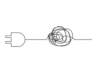 One continuous line drawing of tangled wires electric plugs, vector illustration, isolated on transparent background
