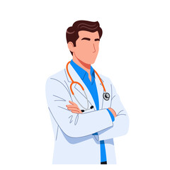 Fototapeta premium Professional Male Doctor in White Lab Coat with Stethoscope Crossing Arms Flat Illustration
