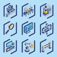 This vector image presents a grid of nine isometric icons illustrating various aspects of industrial automation, manufacturing processes, and engineering technology.