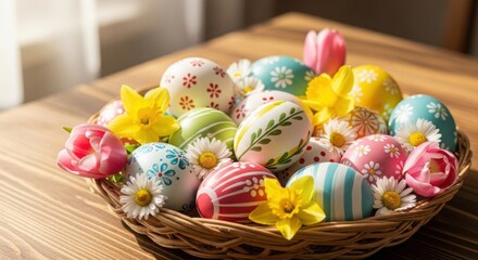 Colorful easter eggs and flowers in a woven basket