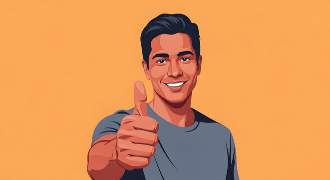 Approval and Assurance: a confident and friendly man gives a thumbs-up, conveying a sense of affirmation and agreement on a solid orange background. 
