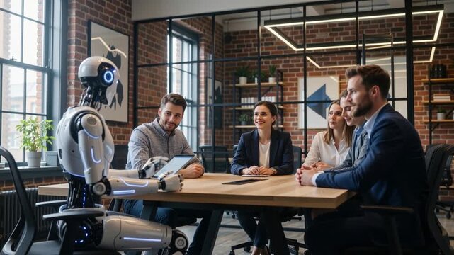 Humanoid robot participating in a business meeting with a diverse team. AI integration in a modern office environment. Future of work and technology concept