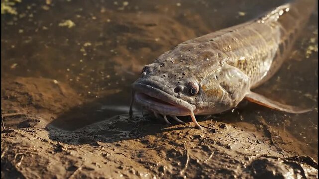Mudskipper fish resting on wet bank closeup