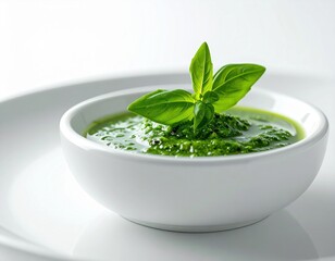 Vibrant Green Pesto Sauce In White Bowl Garnished With Fresh Basil Leaves On White Plate With Soft Lighting And White Background