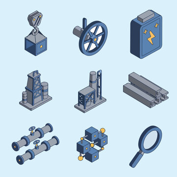Isometric vector icons illustrating various industrial elements, energy solutions, construction materials, and technological concepts on a light blue background.