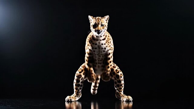 Dynamic CGI wildcat performing a deep squat on a reflective black floor. Use for fitness motivation or wildlife conservation campaigns.