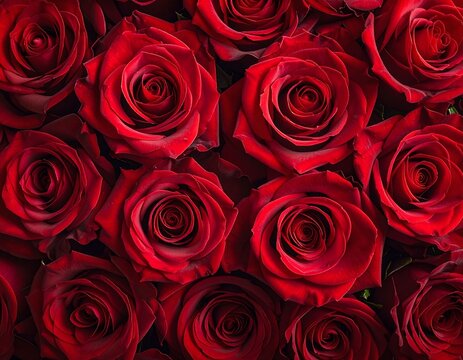 Close-up arrangement of multiple red roses with rich texture detail and soft natural lighting