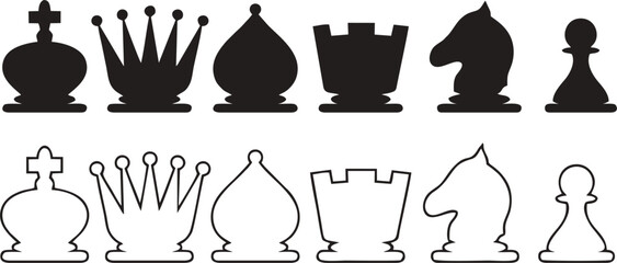 Set of chess pieces icons in solid black silhouette and linear outline © Cik