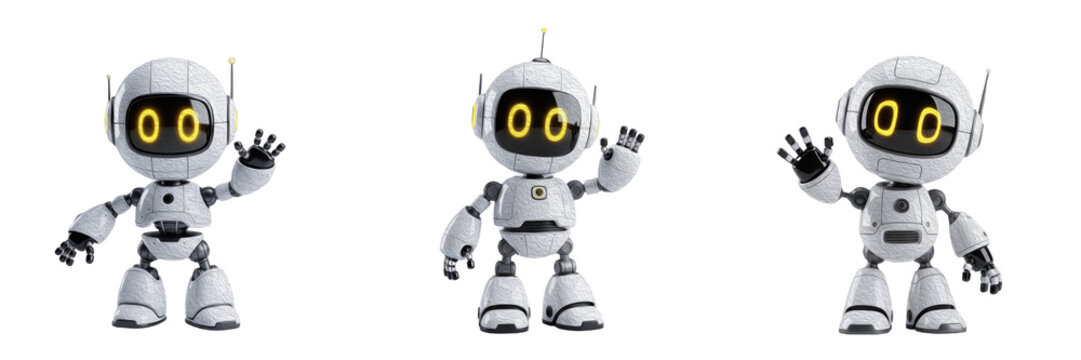 Set of Three Small White Futuristic Robots with Glowing Yellow Eyes Waving on White Background