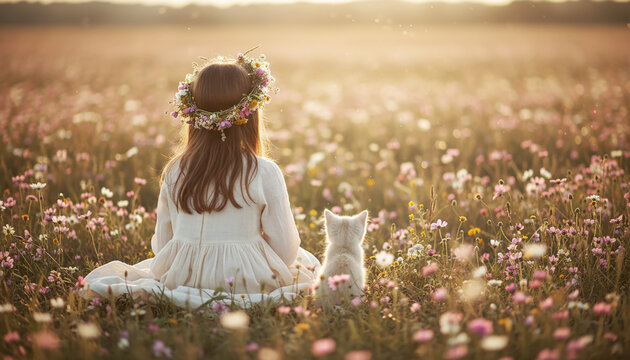 夕暮れの花畑で猫と並んで座る少女の幻想的な後ろ姿
