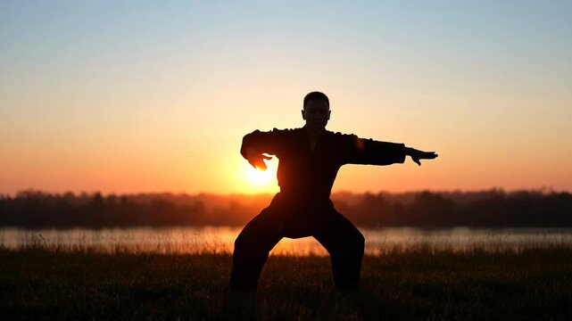 Man practicing tai chi in serene natural landscape at sunset - 4K Video