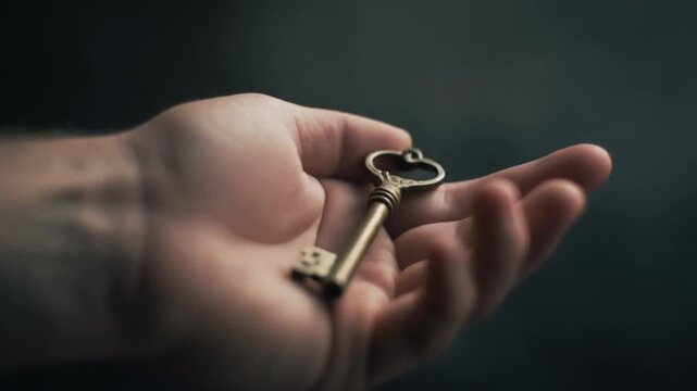Hand holding old key against dark, blurred background