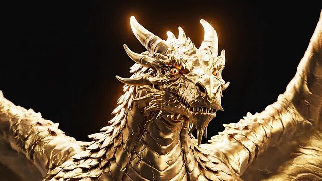 Majestic golden dragon emerges from darkness
