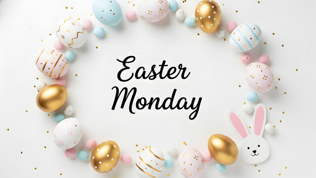 Easter monday celebration with pastel easter eggs and bunny