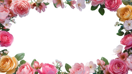 Flower frame of rose blooms on white background