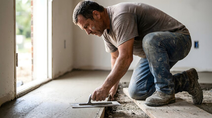 Construction worker leveling concrete floor with trowel, professional builder working on knees during house renovation or foundation pouring