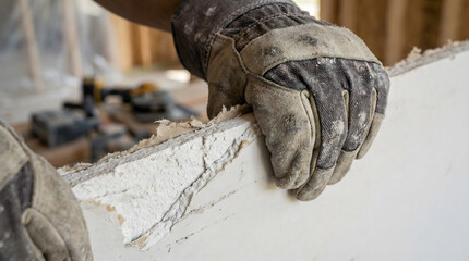 Close up of construction worker gloved hand holding drywall sheet, professional builder installing plasterboard for interior wall renovation