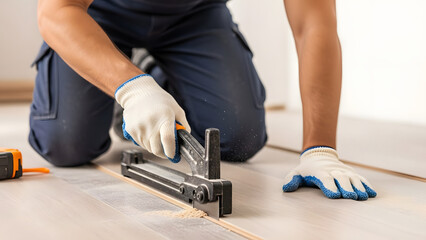 Close up of professional worker kneeling and cutting laminate flooring plank, handyman installing wooden parquet during home renovation or floor remodeling