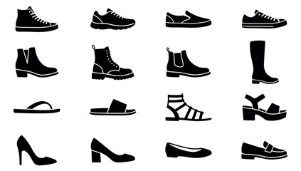 Large collection of black shoe icons showing various types of footwear for men and women, including sneakers, boots, sandals, and high heels in a simple glyph style