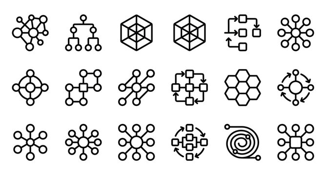 Collection of black outline icons representing technology concepts like networking, data flow, organizational charts, and complex systems in a clean minimalist vector style