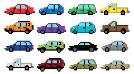 Sixteen colorful pixel art cars and trucks in a retro 8-bit video game style, featuring various models like sedans, SUVs, and pickups shown in a simple side profile