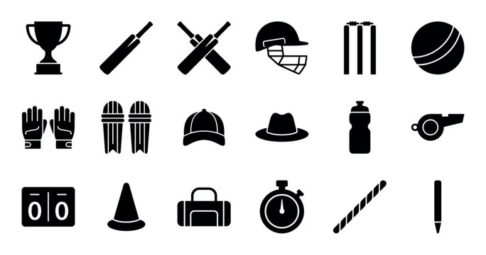 Set of black silhouette cricket sport icons showing equipment and accessories for the game like a bat, ball, helmet, wicket, pads, and trophy in a minimalist graphic style