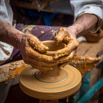 A skilled craftsman's wet hands molding clay on a spinning wheel to create ceramic earthenware art