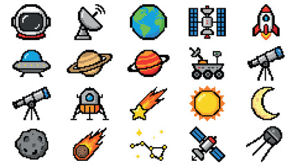 Set of colorful pixel art icons featuring space exploration and astronomy elements like planets, rockets, astronauts, and satellites in a retro 8-bit video game style © David